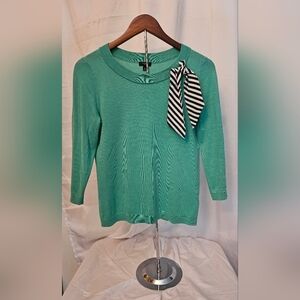 Talbots Stripe Scarf Detail Sweater Aqua Green Silk Scarf Accent
